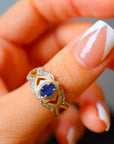Sapphire Crown - Bague saphir fantaisie vermeil or avec cadre royal - réglable - Véritables pierres précieuses saphir