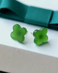 Natural Hetian jade lucky clover ear studs-18K gold