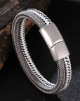 Zilver gevlochten armband-staal en wit leer