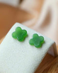 Natural Hetian jade lucky clover ear studs-18K gold