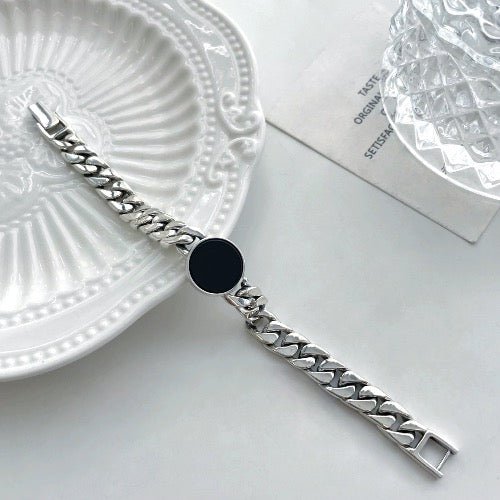 Bracelet chaîne cubaine en argent massif - onyx noir