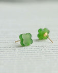 Natural Hetian jade lucky clover ear studs-18K gold