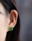 Natural Hetian jade lucky clover ear studs-18K gold