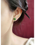 Natural Hetian jade lucky clover ear studs-18K gold